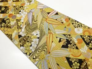 流水に草花・古典柄模様織り出し袋帯